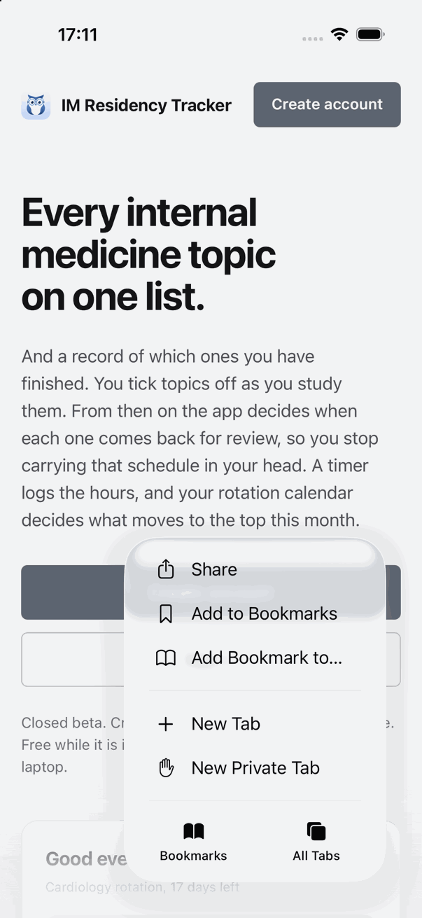 Safari's menu with Share as the first row