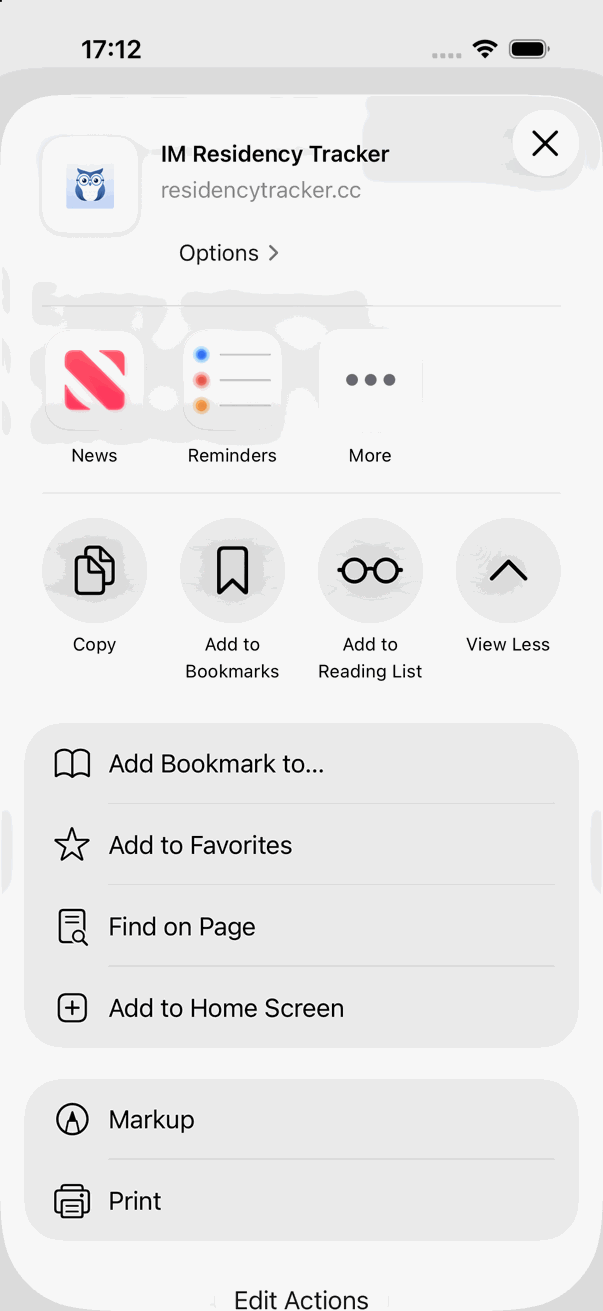 The full list of share actions, with Add to Home Screen near the middle