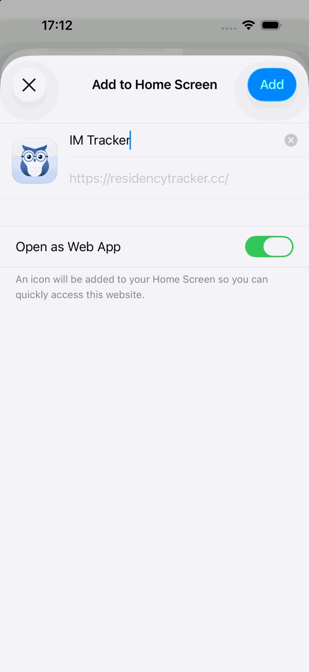 The Add to Home Screen dialog, showing the owl icon, the name IM Tracker, and the Add button at the top right