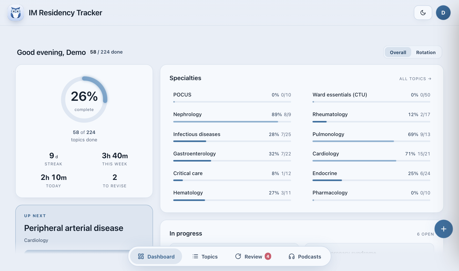 The dashboard: a progress ring, a streak, hours this week, a bar per specialty, and the topic queued up next